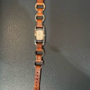 Fossil Silver Tone Case with Brown Leather Strap Watch